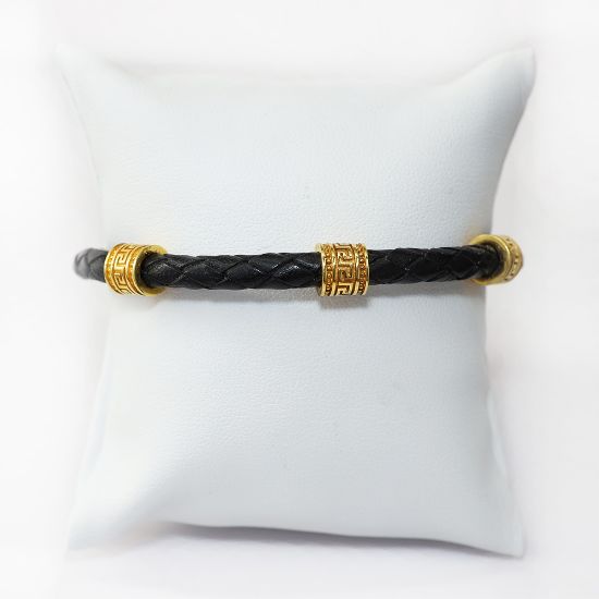 Picture of AXION 14k Yellow Gold Greek Design Black Braided Leather Bracelet