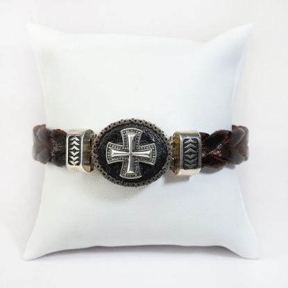 Picture of AXION Heavy Sterling Silver Braided Leather Bracelet with Cross Motif 