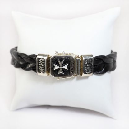 Picture of AXION Sterling Silver Black Braided Leather Bracelet with Cross Motif 
