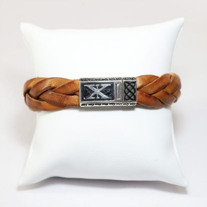 Picture of AXION Sterling Silver Greek Key & Light Brown Braided Leather Bracelet