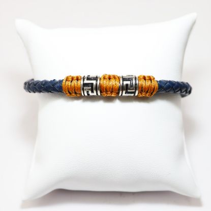 Picture of Sterling Silver Navy Blue Leather Bracelet with Greek Meanders Motif