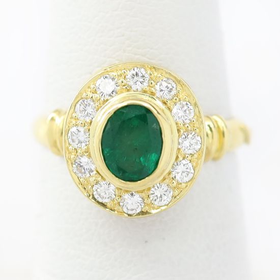 Picture of 18k Yellow Gold Oval Emerald & Diamond Halo Ring