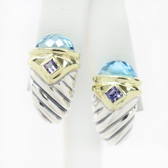 Picture of David Yurman Sterling Silver & 14k Yellow Gold Topaz & Iolite Half Hoop Earrings
