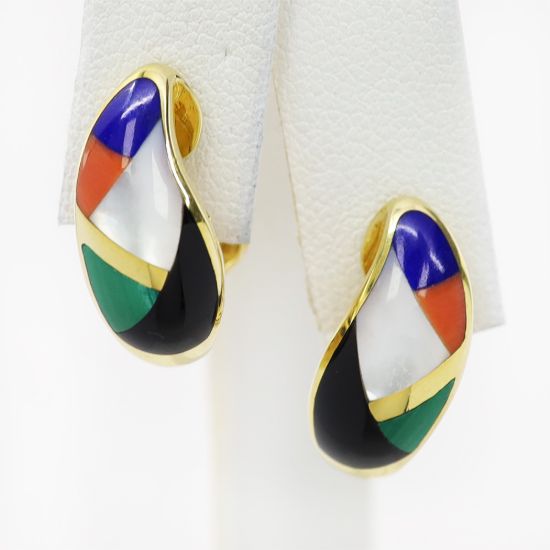 Picture of 14k Yellow Gold Inlay Gemstone Half Hoop Earrings