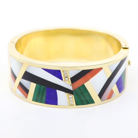 Picture of 18k Yellow Gold Gemstone & Diamond Bangle Bracelet