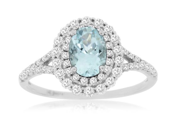 Picture of 14k White Gold Oval Cut Aquamarine & Diamond Halo Ring