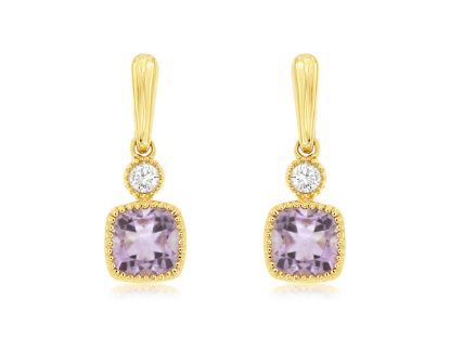 Picture of 14k Yellow Gold Amethyst & Diamond Mini Dangling Earrings