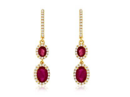 Picture of 14k Yellow Gold Oval Ruby & Diamond Halo Hoop Drop Earrings