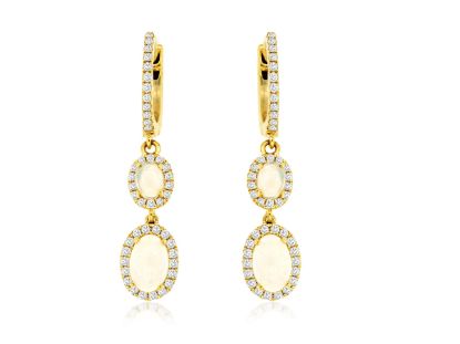 Picture of 14k Yellow Gold Oval Opal & Diamond Halo Hoop Drop Earrings