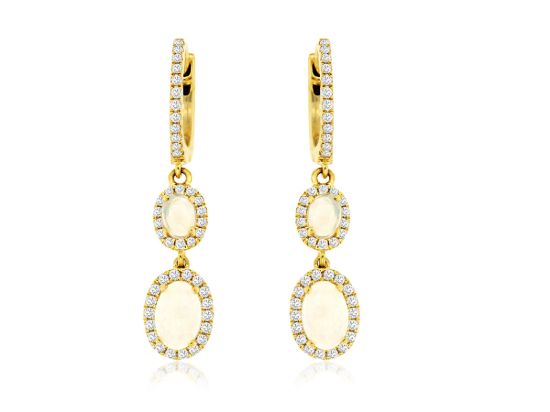 Picture of 14k Yellow Gold Oval Opal & Diamond Halo Hoop Drop Earrings