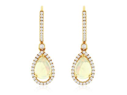 Picture of 14k Yellow Gold Pear Cut Opal & Diamond Halo Hoop Drop Earrings