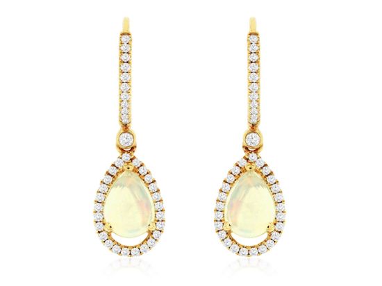 Picture of 14k Yellow Gold Pear Cut Opal & Diamond Halo Hoop Drop Earrings