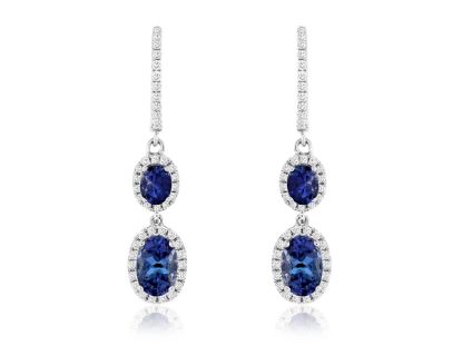 Picture of 14k White Gold Oval Tanzanite & Diamond Halo Hoop Drop Earrings