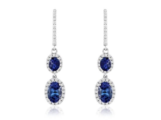 Picture of 14k White Gold Oval Tanzanite & Diamond Halo Hoop Drop Earrings