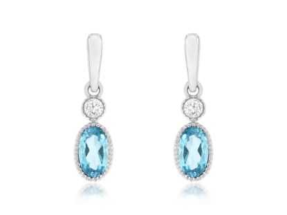 Picture of 14k White Gold Mini Blue Topaz & Diamond Dangling Earrings