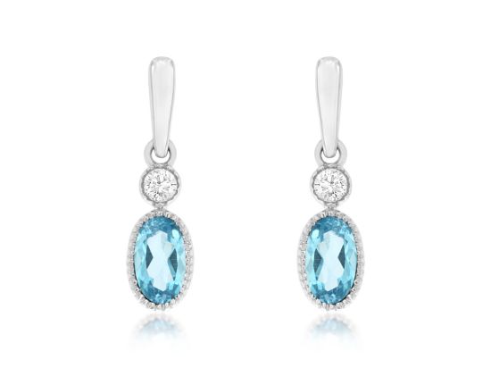 Picture of 14k White Gold Mini Blue Topaz & Diamond Dangling Earrings