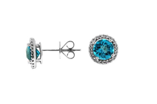 Picture of 14k White Gold Round Blue Topaz & Diamond Halo Stud Earrings