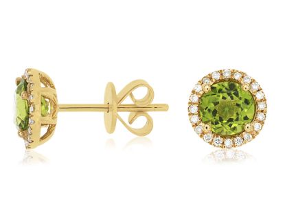 Picture of 14k Yellow Gold Round Peridot & Diamond Halo Stud Earrings