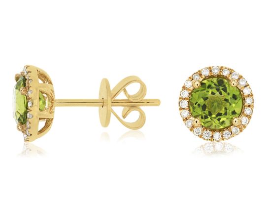 Picture of 14k Yellow Gold Round Peridot & Diamond Halo Stud Earrings