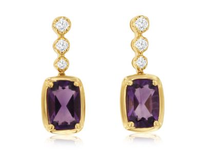 Picture of 14k Yellow Gold Mini Amethyst & Diamond Dangling Earrings