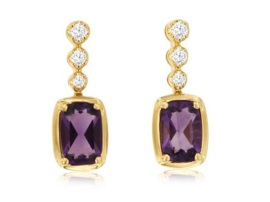 Picture of 14k Yellow Gold Mini Amethyst & Diamond Dangling Earrings