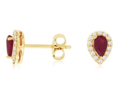 Picture of 14k Yellow Gold Pear Cut Ruby & Diamond Halo Studs