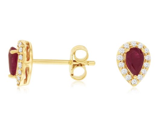 Picture of 14k Yellow Gold Pear Cut Ruby & Diamond Halo Studs