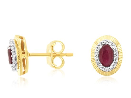 Picture of 14k Yellow Gold Oval Ruby & Diamond Halo Studs