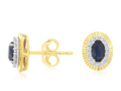 Picture of 14k Yellow Gold Oval Sapphire & Diamond Halo Studs