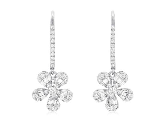 Picture of 14k White Gold Diamond Flower Dangling Hoop Earrings
