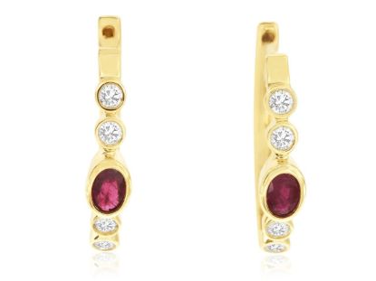 Picture of 14k Yellow Gold Diamond & Ruby Hoop Earrings