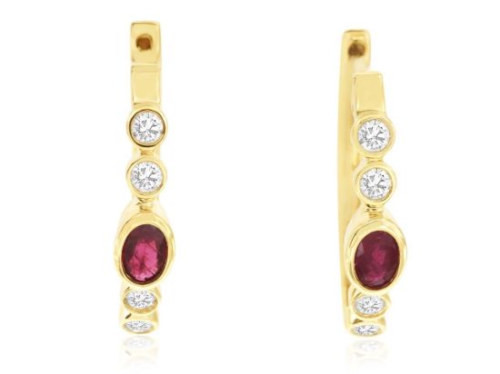Picture of 14k Yellow Gold Diamond & Ruby Hoop Earrings