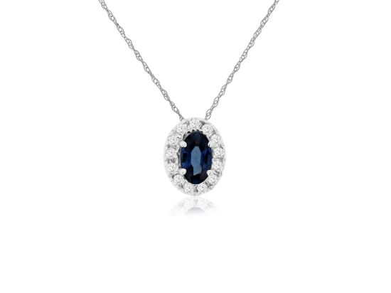 Picture of 14k White Gold Oval Sapphire & Diamond Halo Pendant