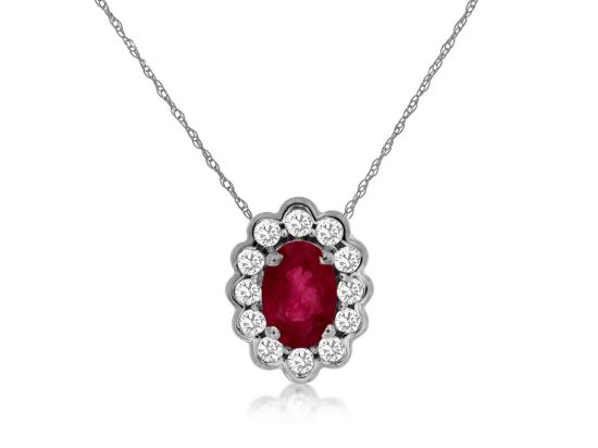 Picture of 14k White Gold Oval Ruby & Diamond Halo Pendant