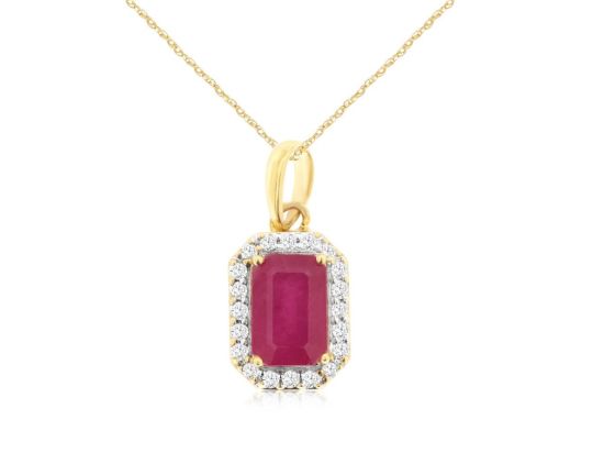 Picture of 14k Yellow Gold Emerald Cut Ruby & Diamond Halo Pendant