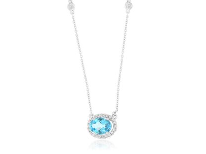 Picture of 14k White Gold Blue Topaz & Diamond Halo Station Pendant