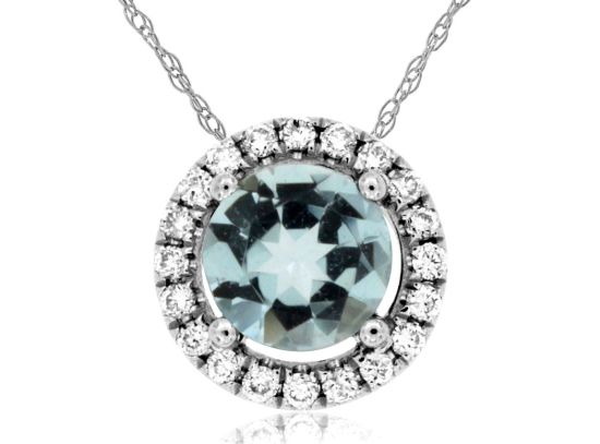 Picture of 14k White Gold Round Aquamarine & Diamond Halo Pendant