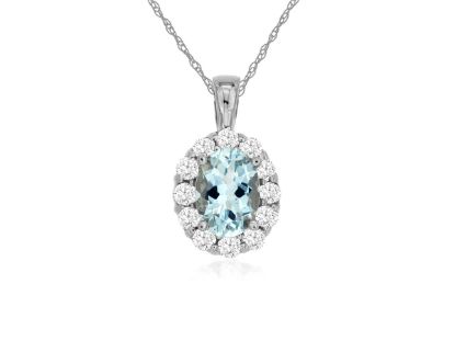Picture of 14k White Gold Oval Aquamarine & Diamond Halo Pendant