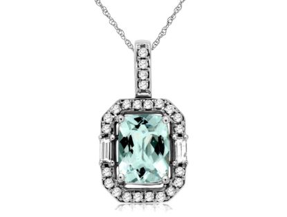 Picture of 14k White Gold Emerald Cut Aquamarine & Brilliant Diamond Halo Pendant