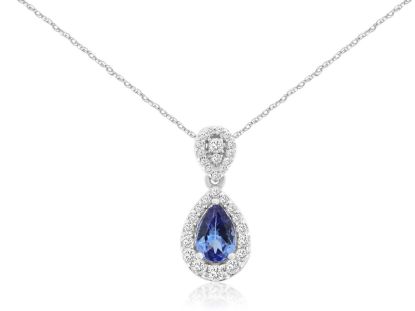 Picture of 14k White Gold Pear Cut Tanzanite & Diamond Halo Pendant