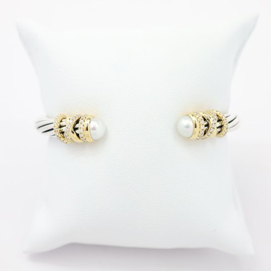 Picture of David Yurman Sterling Silver & 18k Yellow Gold Diamond & Cultured Pearl Cuff Bracelet
