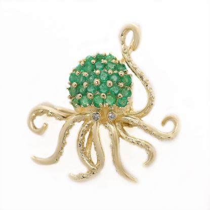Picture of 14k Yellow Gold Diamond & Emerald Octopus Brooch