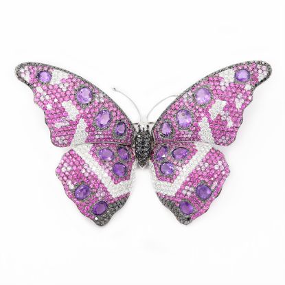 Picture of 18k White Gold Amethyst, Sapphire, & Diamond Butterfly Brooch
