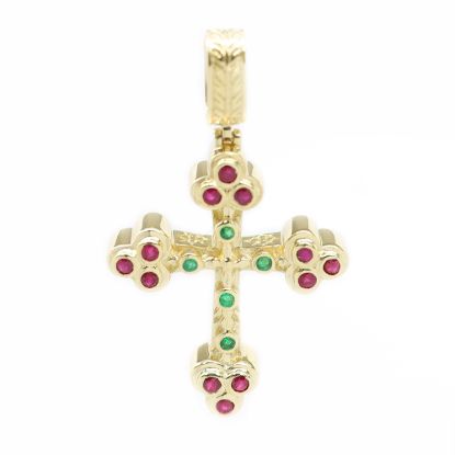 Picture of 14k Yellow Gold Bezel Set Ruby & Emerald Cross Pendant