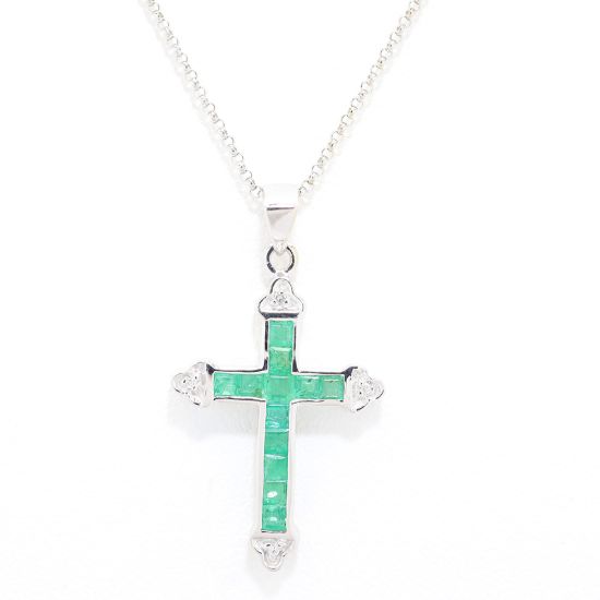 Picture of 14k White Gold Diamond & Emerald Cross Pendant