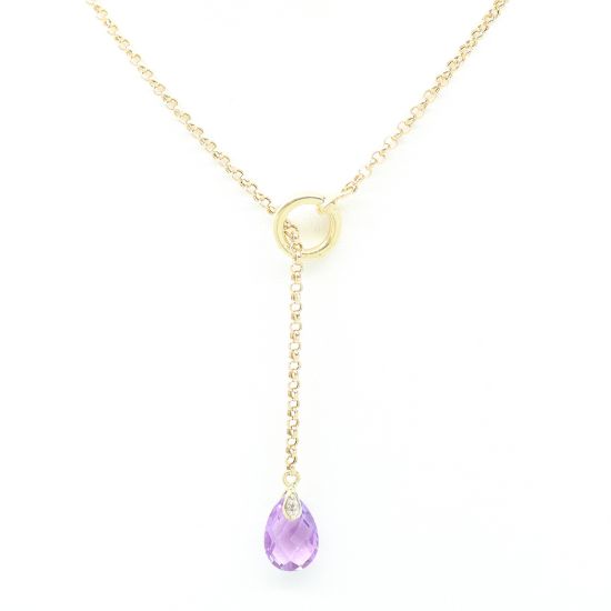 Picture of 14k Yellow Gold Briolette Drop Amethyst & Diamond Necklace