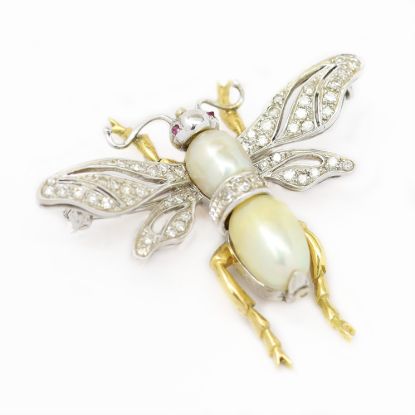 Picture of Vintage 18k Two Tone Gold Diamond, Ruby & Cultured Pearl Bumblebee Brooch