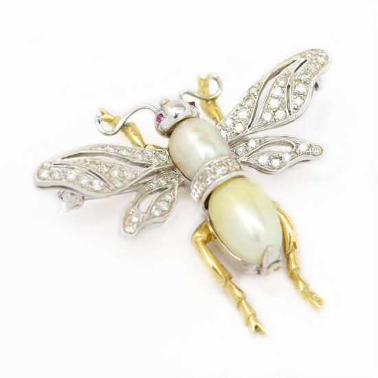 Picture of Vintage 18k Two Tone Gold Diamond, Ruby & Cultured Pearl Bumblebee Brooch