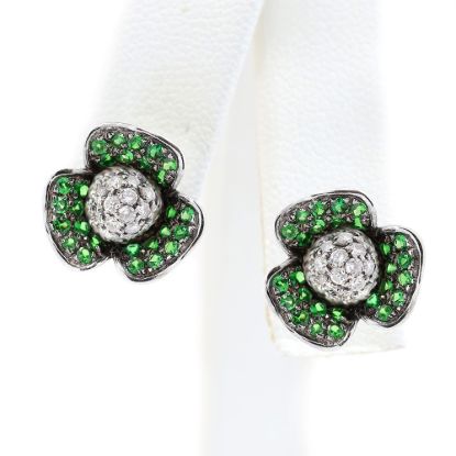 Picture of 18k White Gold Pavé Set Tsavorite Garnet & Diamond Flower Earrings