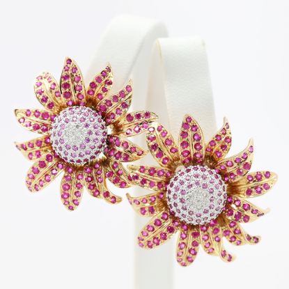 Picture of 14k Two Tone Gold Pavé Set Ruby, Sapphire, & Diamond Flower Earrings
